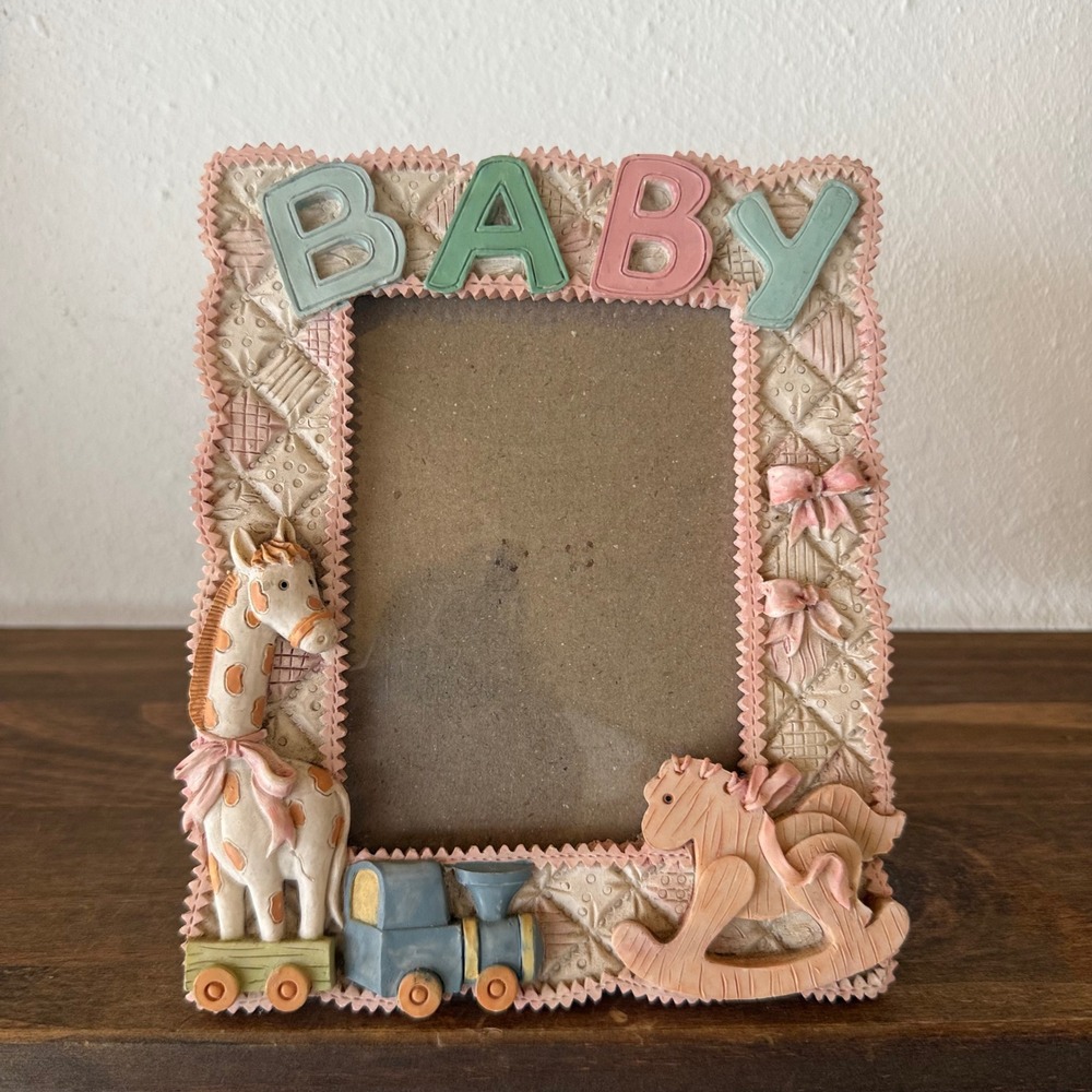 Vintage Baby Picture Frame 3D Giraffe Train Rocking Horse Pastel Nursery Decor